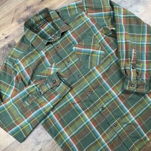 Men Size Large ExOfficio Flannel Longsleeves Button-up Plaid Shirt Green READ